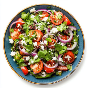 A vibrant plate of nopalitos salad, a refreshing salad with cactus paddles, tomatoes, onions, cilantro, and queso fresco, dressed with a light vinaigrette, isolated on clean white background.
