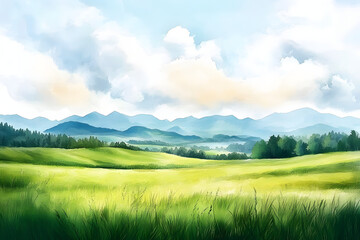 Obraz premium A watercolor painting of a green field with majestic mountains in the background. Perfect for nature lovers and landscape enthusiasts