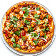 A plate of chicken tikka masala pizza, with a pizza topped with chicken tikka masala, onions, and peppers, garnished with cilantro, isolated on clean white background.