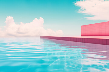 Fototapeta premium Minimalist wallpaper Blue pink vaporwave swimming pool relax water. Vacation dreams time concept
