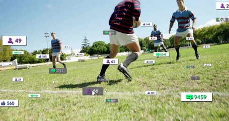 Rugby players on field with social media engagement metrics overlay animation - Powered by Adobe