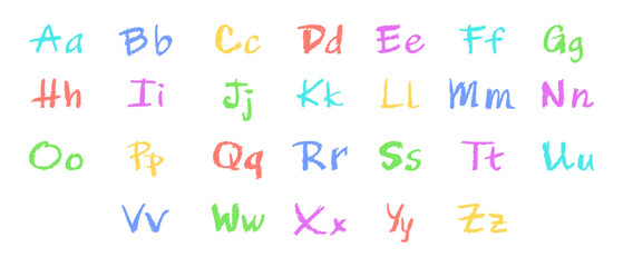 Colorful English alphabet hand-drawn in a crayon. Capital and lowercase letters in chalk, pastel, or wax style. Highlighter effect on board for kindergarten drawing and learning. Vector illustration