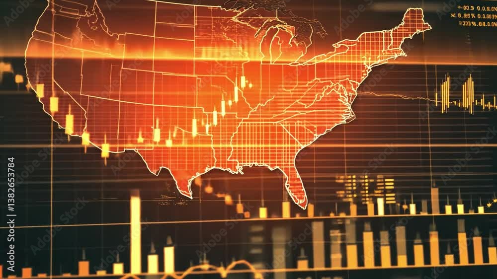 Poster abstract representation of financial data analytics with graphic elements overlaid on a world map sh