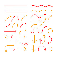 Colorful hand-drawn arrows and lines set, isolated. Collection of red and yellow sketchy direction symbols for design.