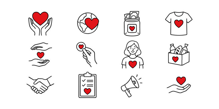 Charity and donation icon pack, isolated. Hand-drawn red heart illustrations symbolizing giving, care, support, and volunteering.