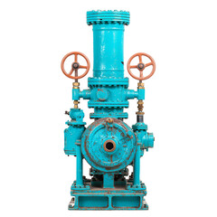 Fototapeta premium A vintage pump with a turquoise finish, featuring intricate details and copper handles, showcasing mechanical design and functionality.