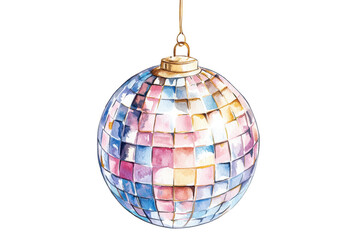 A decorative disco ball featuring colorful mosaic tiles reflecting light in vibrant patterns.