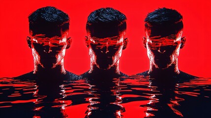 Triplet portrait of a man with red overlay & water reflection