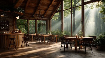 Fototapeta premium Cozy gathering space enchanted forest interior design natural light serene atmosphere