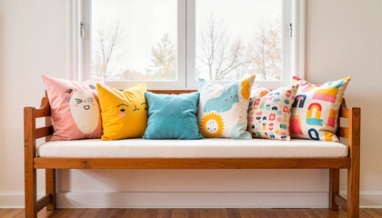 Colorful novelty cushions on wooden bench in playful family room, fun decor