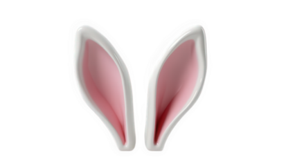 Close-up of white rabbit’s head showcasing large white ears with pink inner details, emphasizing natural design and delicate features, isolated on transparent background