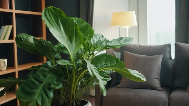 stylish home interior featuring grey sofa, bookshelf with books, green houseplant in pot, and standard lamp. nice cozy living room with couch and green plant. design, decoration