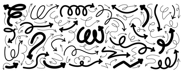 Black Thin and Bulky Hand drawn Arrows with Squiggle Curvy Lines and Loops. Set of doodle arrow icons. Collection of sketchy hand free curved lines and pointers
