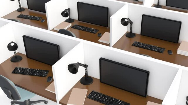 A 3d animation of repetitive pattern of office cubicles, arranged in a grid-like formation, suggesting a standardized and potentially impersonal work environment.