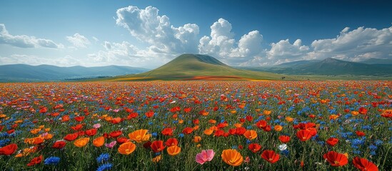 Fototapeta premium Colorful flower field panorama with mountain backdrop