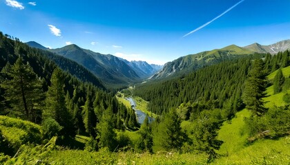 夏の青い空と緑が美しい山の風景