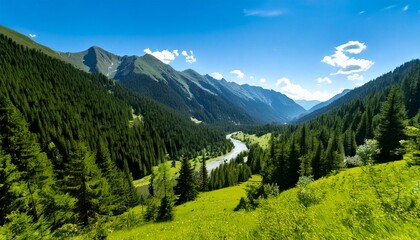 夏の青い空と緑が美しい山の風景