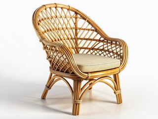 Elegant Rattan Wicker Chair, Isolated White Background,  High-Resolution Drone Photography