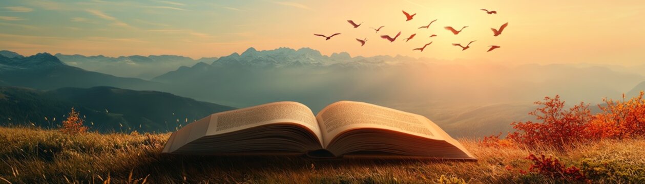 Open book with birds soaring out in landscape format, representing literary exploration and freedom, vibrant, joyful, dreamlike colors, highquality digital rendering
