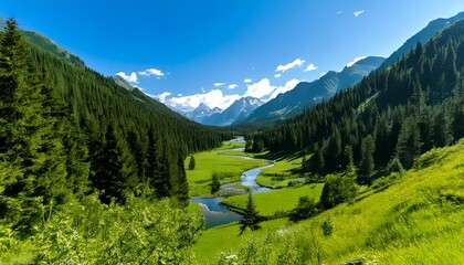 夏の青い空と緑が美しい山の風景