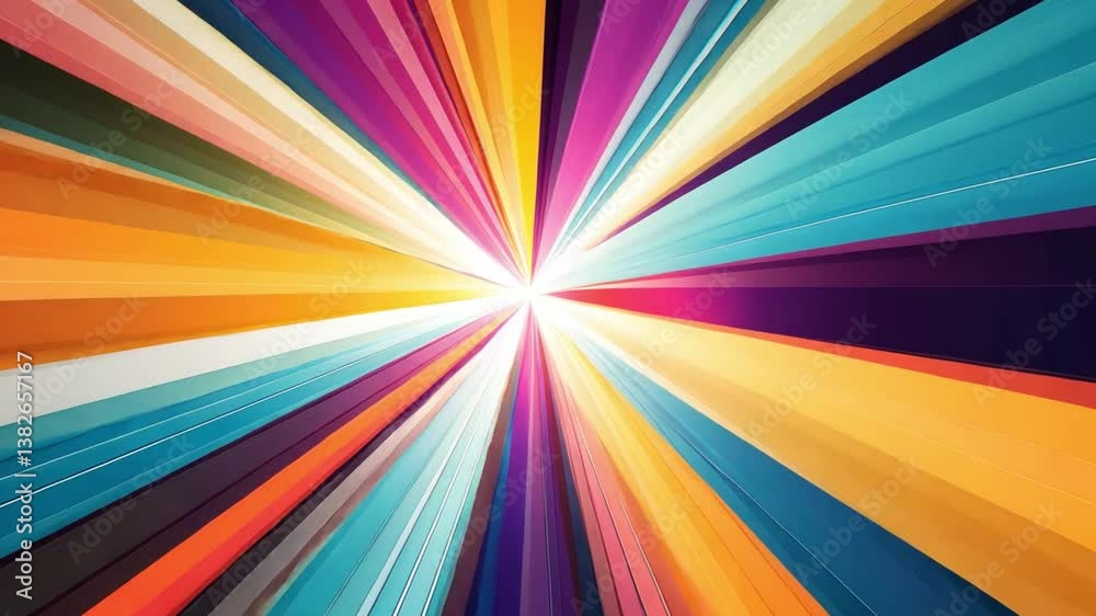 Poster vibrant color explosion with dynamic light rays radiating from center, creating a mesmerizing abstra