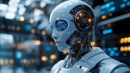 Fototapeta premium Robot with a head of glowing lights