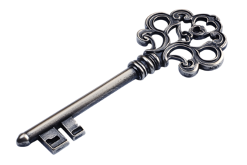Ornate antique silver key on a trasparent background representing vintage access and mystery concept with elegant design elements