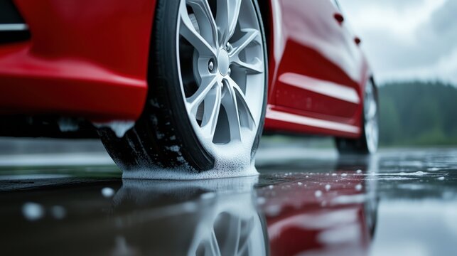 Close-up view of a car tire in a puddle reflecting a cloudy sky during a rain shower