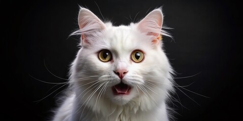 Elegant White Cat Posing: Close-Up Studio Shot on Black Background