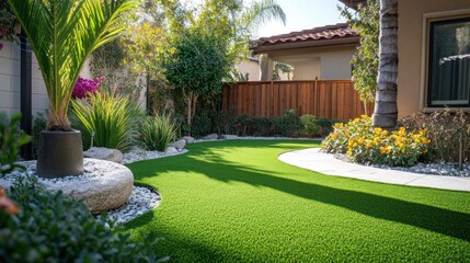 Well-maintained backyard with artificial grass