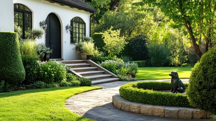 Elegant House Entrance, Lush Garden, Sunny Day, Outdoor Beauty, Ideal for Home Decor Stock