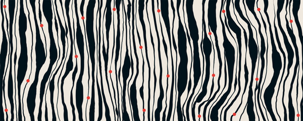 Background with Black Wobbly Lines and Red Dots. Modern abstract background with simple wavy lines. Decorative groovy fluid lines isolated on white background. Hand drawn geometric bulky lines. Hippie