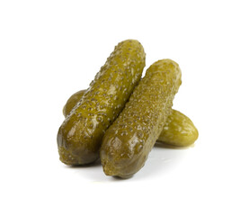 Gherkins isolated, pickled small cucumbers, tiny fermented food, little marinated canned vegetables