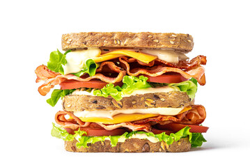 Double BLT sandwich with cheese isolated on white