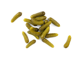 Gherkins isolated, pickled small cucumbers, tiny fermented food, little marinated canned vegetables