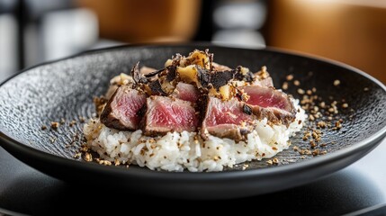 A plate of thinly sliced seared beef delicately arranged over rice, garnished with truffle shavings