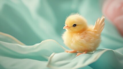 Tiny Yellow Chick on Light Blue Fabric Soft Spring Concept