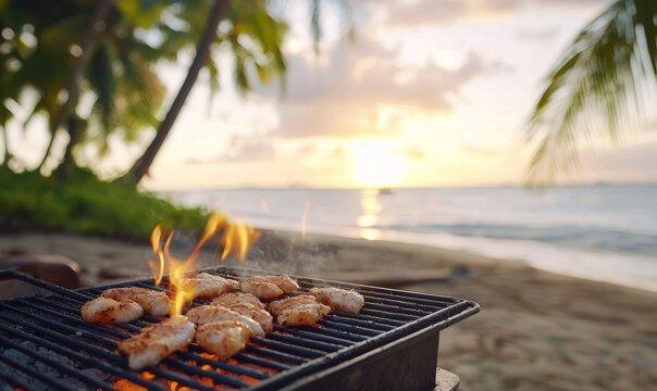 Grilling shrimp by ocean, sunset sky backdrop. Use for food blog or recipe