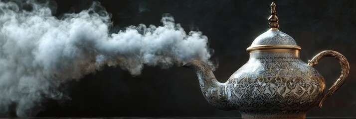 Naklejka premium Steaming teapot with ornate design against a dark background.