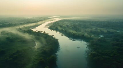 A river disappearing into the mist, creating a dreamy and ethereal landscape