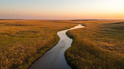 A river flowing through a vast grassland, disappearing into the golden horizon