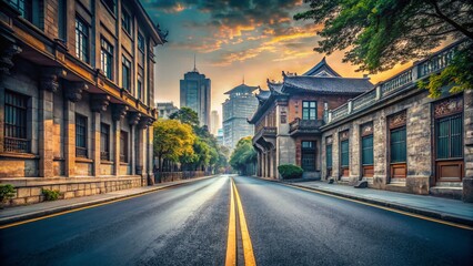Fototapeta premium Empty Road Near Historic Building, Nanjing, China - Urban Exploration Photography