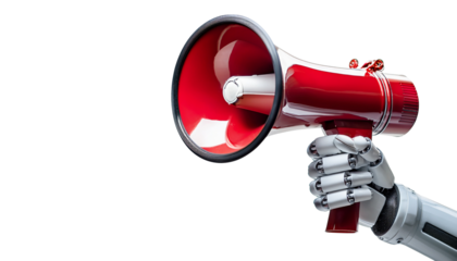 A robotic hand holding a red megaphone, symbolizing communication in modern technology.