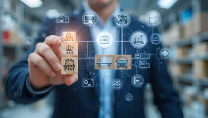 Procurement management industry concept, businessman interacting with procurement icon on wooden blocks, emphasizing the importance of supply chain and retail logistics in efficient business operation
