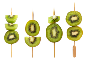 Fresh kiwi fruit skewers presented on wooden sticks, showcasing vibrant green slices.