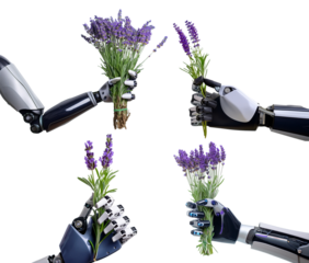 Futuristic robotic hands holding lavender flowers in a creative juxtaposition.