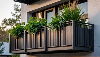 Fototapeta premium Modern balcony with lush plants in evening light, minimalist elegance