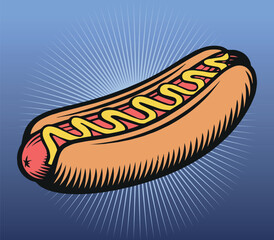 Vintage-Style Hot Dog Illustration with Mustard. A retro-style hot dog illustration with a glowing background and artistic shading, emphasizing its delicious look.