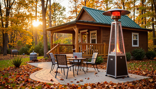 Charming patio area with gas heater in autumn setting, cozy ambiance