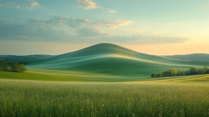 Sunrise over rolling hills, tranquil green fields, peaceful landscape